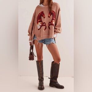 NWT Free People We The Free Graphic Camden Sweatshirt in the Mirrored Horses